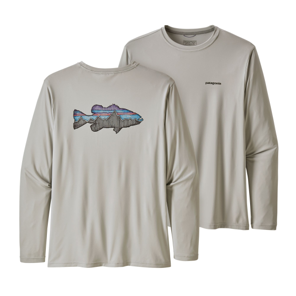 Patagonia LS Capilene Cool Daily Fish Graphic Tee Sketched Fitz Roy Smallmouth Tailored Grey Patagonia LS Capilene Cool Daily Fish Graphic Tee Sketched Fitz Roy Smallmouth Tailored Grey